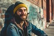 young handsome hipster man with beard in beanie hat and jacket posing in urban background