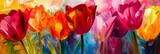 Fototapeta Natura - Illustration of colorful tulips in full bloom. Painting of spring flowers,  brush strokes visible.
