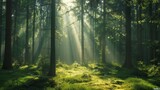 Fototapeta Las - A quiet forest with sunbeams filtering through the t  AI generated illustration
