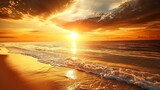 Fototapeta Niebo - A serene beach scene with  golden sunset  AI generated illustration