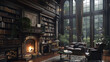 Cozy Corners: A Dark Academia Library with a Fireplace