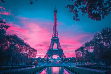 The Eiffel Tower at sunset bathed in soft pink hues towering majestically against a gradient blue and purple sky