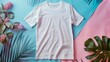 Mockup of white cotton t-shirt on blue background. Layout mock up ready for your design preview.