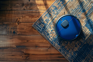 Wall Mural - Top view of blue robot vacuum cleaner on the parquet floor with beige carpet