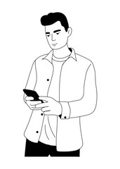Fototapete - Person with smartphone in doodle style. Man standing with mobile phone