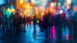 Gathering of urban dwellers: abstract blur of cityscape with crowded streets and silhouettes