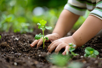 Wall Mural - close up of child's hands planting plant in the ground