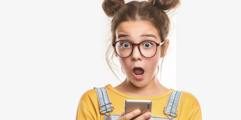 Wall Mural - Portrait of a shocked young girl using mobile phone isolated over on white color background professional photography.