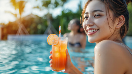 happy woman with beverage near the pool, generative ai