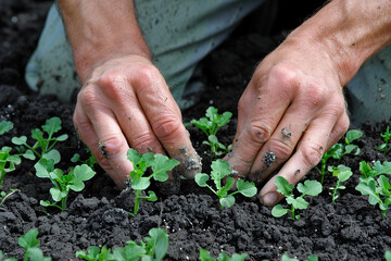 Wall Mural - environment and ecology concept, male hands planting plant in the ground