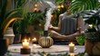 Woman meditating in lush indoor garden, tranquil aromatherapy setting with diffuser and candlelight