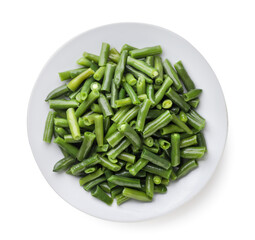 Wall Mural - Green beans in a plate on a white background. Top view