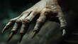 A closeup of a creature's claw, evoking horror or fantasy themes with its aged skin and sharp nails.