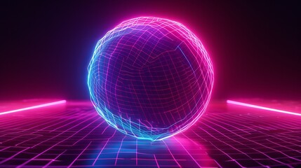 Canvas Print - Neon Illuminated Distorted Mesh Sphere 3D 