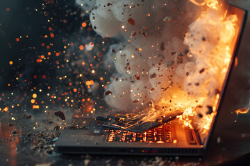 Poster - a dell laptop shattering into a thousand pieces and lighting on fire