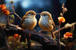 Tiny wrens exploring a garden, their curious nature and intricate markings highlighted in a close-up, realistic HD image.