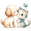 An endearing artwork depicting a golden puppy and grey kitten affectionately exchanging kisses, accompanied by a butterfly hovering overhead.