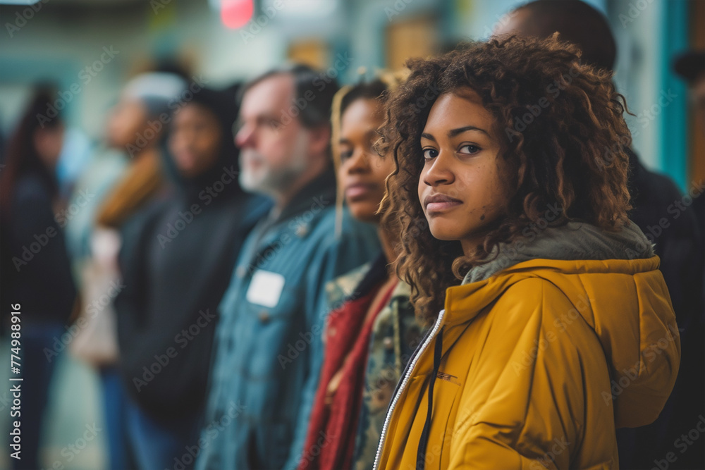 Diverse group of voters stand in line patiently waiting for their turn ...