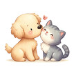 A heartwarming illustration featuring a golden puppy and grey kitten sharing a gentle kiss, while a butterfly flutters above them.