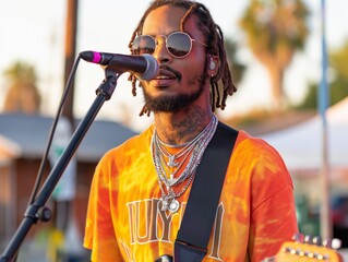 Canvas Print - A man in an orange shirt is singing into a microphone. He is wearing sunglasses and has a guitar in his hand