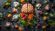 Brain lying among artistically arranged healthy food. Concepts: neurogastronomy, connection between diet and cognitive function, how nutrients affect brain function