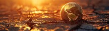 Closeup Of A Parched Earth Model, Sun Looming Large, Global Warming Concept, Empty Space Background