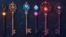 Set Of Vintage Keys With Different Symbols And Precious Stones. Isolated Icons For Games