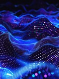 Fototapeta Perspektywa 3d - Hitech dots forming waves, electric blue, dark background, neon lighting, topdown view