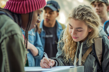 Multiracial group of university students prepare to sign in at the polling place 