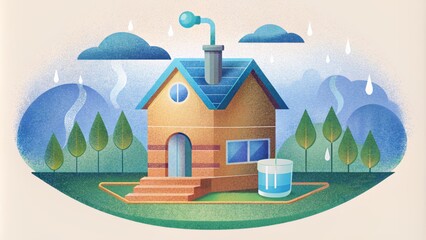 A graphic representation of a domestic rainwater harvesting system with emphasis on its ability to collect and store large amounts of water for