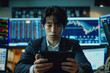 Portrait of a Young Japanese Beautiful Stock Exchange Broker Using Tablet Computer