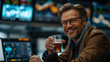 © AI_images - Smile and happy businessman at office. Raise beer glass in hand at trading chart computer screen at night.