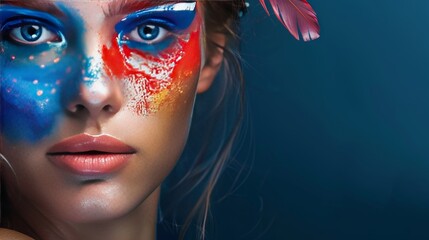 Close-up of a beautiful woman with her face painted in the vibrant colors of the US national flag, embodying patriotic spirit