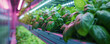 Vertical Plant Farm Specialists Talking on a Lift with a Rack of Fresh Basil Crops. Multi-layer Hydroponics Farm with Led Lighting in the Background