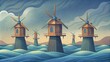 A group of timberframed tidal energy converters resembling the traditional windmills of Holland stand tall and proud in the choppy seas