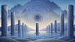 A series of tall pillars stand in the calm waters each supporting a large circular device that resembles a giant turbine silently turning as the