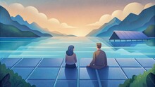 A Couple Sits On A Dock Admiring The Serene Lake And The Solar Panels Floating On Its Surface Symbolizing The Harmony Between Nature And