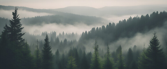 A dense forest of evergreen trees shrouded in mist against the backdrop of rolling hills, creating an ethereal and mysterious atmosphere.