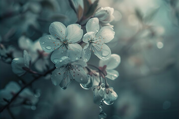 Wall Mural - the blossom flowers with raindrop on the blurry background