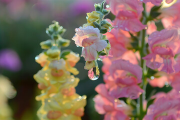  snapdragon with raindrop in the garden