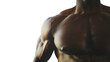 © Gustavo Muñoz - Front view of the torso of a very muscular shirtless black man with white background and space for text. Unrecognizable person