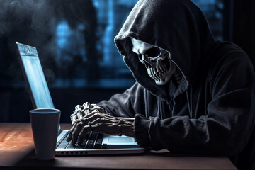Poster - hard working person in modern interior office programming writing web java script code ai technology