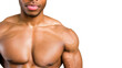 Front view of the torso of a shirtless man standing casually posing, the image cuts off the model's face.
