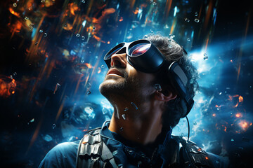 Poster - generative ai image of funny gamer in headphones and playing online game on pc computer