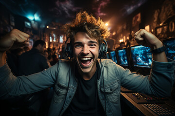 Poster - generative ai image of gamer wearing headphones and playing online game