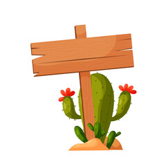 Wooden sign in flat style. Template for text. Wooden board for inscriptions with a blooming cactus.