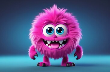 Wall Mural - Cute pink or violet furry monster 3D cartoon character