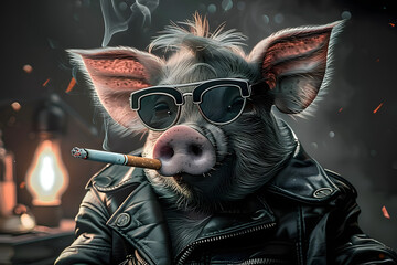 Poster - a pig wearing glasses and a leather jacket smoking a cigarette with a cigarette holder in his mouth and a cigarette in his mouth.