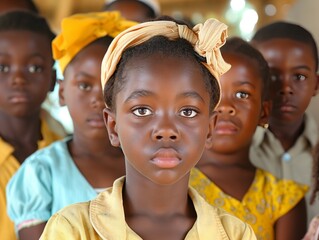 Canvas Print - A group of children are standing in a line, one of them wearing a yellow headband. The children are all dressed in bright colors, and the overall mood of the image is cheerful and lively