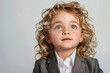 A young blonde child with blue eyes is wearing a suit and tie